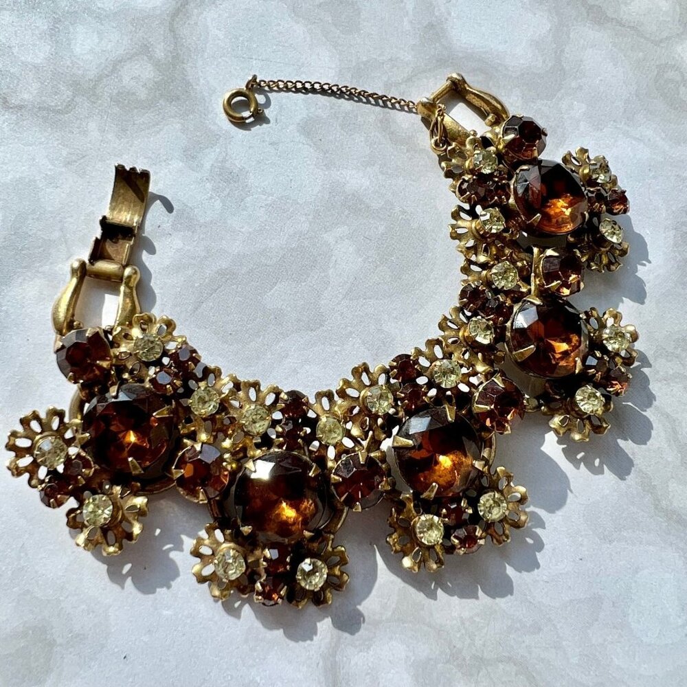 Vintage 1960s Juliana D&E Honey Amber Color Glass Rhinestone Glam Bracelet